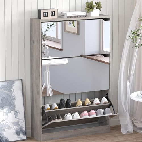 BORNOON Shoe Cabinet with 3-Flip Mirror Drawers, Freestanding Shoe Rack Organizer with Hidden Handle, Slim Narrow Shoe Storage Cabinet for Entryway, Entrance, Hallway, Bedroom - color: Grey, size: 3-Drawer with Mirror