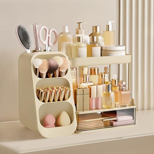 HBlife Bathroom Organizers and Storage with Brush Holder for Vanity, 3 Tier Plastic Makeup Organizer for Dresser Counter, Skincare, Lipstick, Perfume, and Cosmetic Storage, Beige - color: Beige, size: Medium