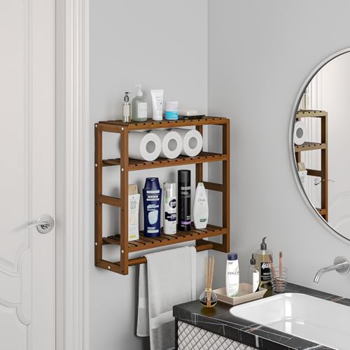 Galood Over The Toilet Storage Bathroom Shelves Wall Mounted 3 Tier Space Saver Corner Shelf Organizer Bamboo Towel Rack Toilet Paper Cabinet with Hanging Rod Brown - color: Brown 1pack, size: Standard