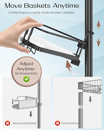 ALLZONE Corner Shower Caddy Tension Pole, 4 Hang-On Basket with Mixed-Height Shelves for Various Bottle Sizes, Extra Hooks & Soap Holder, Rustproof Stainless Steel, Fits 34–116 Inch, Black/White - color: Black/White