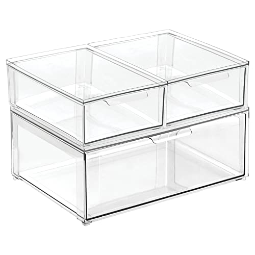 mDesign Plastic Stackable Bathroom Storage Organizer Bin Containers with Front Pull Drawer for Bathroom Countertop, Vanity, Closet Shelves - Holder for Accessories, Lumiere Collection, Set of 3, Clear - size: Mixed Sizes (Pack of 3)