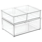 mDesign Plastic Stackable Bathroom Storage Organizer Bin Containers with Front Pull Drawer for Bathroom Countertop, Vanity, Closet Shelves - Holder for Accessories, Lumiere Collection, Set of 3, Clear - size: Mixed Sizes (Pack of 3)