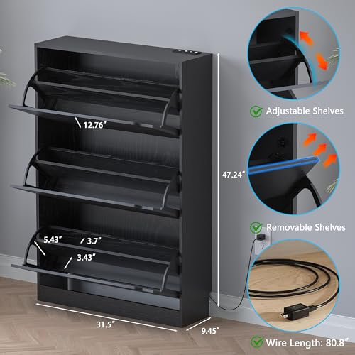 BORNOON Shoe Cabinet with Odor Control and Back Panels, Deodorizing Slim 3-Flip Shoe Storage Cabinet for Entryway, Freestanding Hidden Shoe Rack Organizer for Entrance, Hallway, Bedroom - color: Black, size: Deodorizing 3-Flip