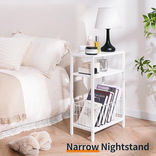 Yoobure Narrow Side Table with Storage Basket, Small End Table for Small Spaces, Skinny Side Tables Living Room Bedroom Office, Slim Nightstand 3 Tier Bedside Table Space-Saving for Magazine, White - color: White