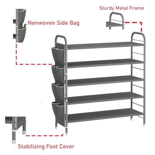 SUOERNUO Shoe Rack Storage Organizer 5 Tier Free Standing Metal Shoe Shelf Shoe Organizer with Side Shoes Pockets for Entryway Closet Bedroom, Grey - color: Grey, size: 5 Tier