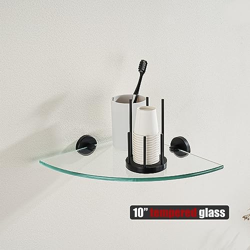 JQK Corner Glass Shelf Black, Bathroom 304 Stainless Steel Shower Triangle Floating Wall Shelf, 10 x 10 Tempered Glass, 2 Pack, TGS190L10-PB-P2 - color: Black, size: 2 Pack