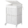 Chrislley 90L Slim Laundry Hamper with Wheels, Rolling Laundry Basket with Lid and Renovable Liner Bag, Handwoven Rattan Organizer for bedroom, bathroom, laundry room (White) - color: White