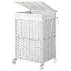 Chrislley 90L Slim Laundry Hamper with Wheels, Rolling Laundry Basket with Lid and Renovable Liner Bag, Handwoven Rattan Organizer for bedroom, bathroom, laundry room (White) - color: White