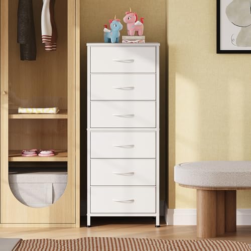 WLIVE Tall White Dresser for Bedroom, 6 Drawer Vertical Fabric Dresser, Skinny Chest of Drawers for Closet, Narrow Storage Tower with Wood Top and Metal Frame, Tall Nightstand for Small Spaces - color: White, size: 11.73"D x 15.67"W x 39.37"H