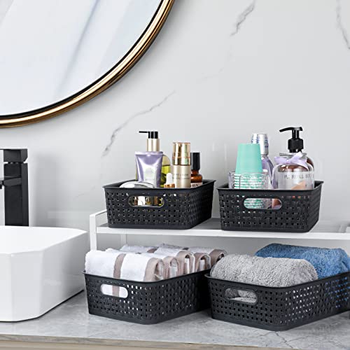 [ 12 Pack ] Plastic Storage Baskets, Small Pantry Organization and Storage Bins, Household Organizers for Laundry Room, Bathrooms, Kitchens, Cabinets, Countertop, Under Sink or Shelves, Black - color: Black