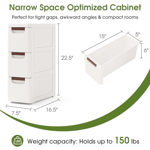3 Drawers Narrow Storage Cabinet, Slim Bathroom Storage Cabinet, Plastic Rolling Cart Organizer for Small Spaces, Laundry, Office, Home, White - size: 3 Drawer