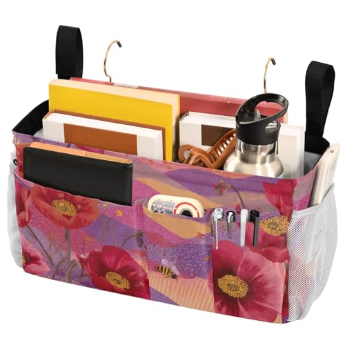 Bedside Caddy Metal Frame Hanging Organizer Bunk Bed Dorm Accessories Hook And Loop Storage Bag Large Pockets Dotty Poppy Flowers and Bees - color: Dotty Poppy Flowers and Bees