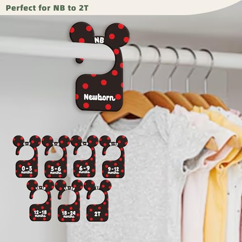 JMOST Baby Closet Dividers for Nursery Closet Organizer, Newborn to 24 Months Size Clothes, Cute Black Red Hangers with Size Dividers, Double Sided - color: Black