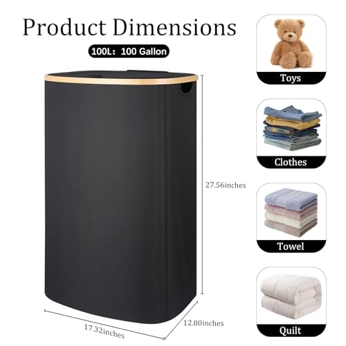 Laundry Hamper with Lid, 100L Clothes Hampers for Laundry with Bamboo Handles and A Removable Bag, Fordable laundry Basket with Lid for Bathroom, Bedroom, Dorm, Laundry Room - color: Black, size: 100L
