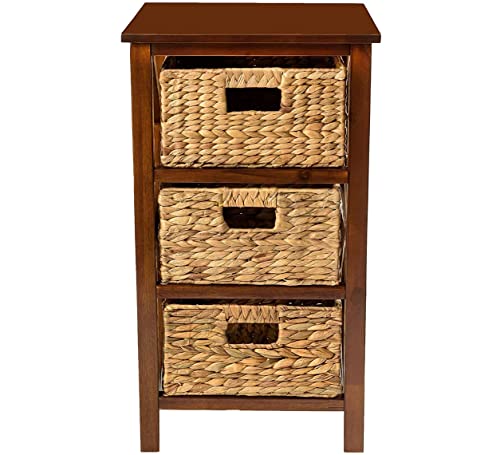 eHemco 3 Tier X-Side End Storage Cabinet with 3 Wicker Baskets, Walnut - color: Walnut, size: 14"D x 14"W x 25"H (3 Drawers)
