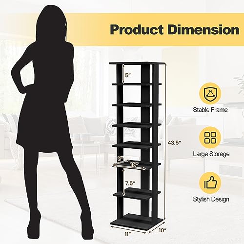 COSTWAY 8-Tier Vertical Shoe Rack, Tall Narrow Shoe Storage Organizer with Removable Shelf for Boots, Anti-Tipping Kit, Space-Saving Shoe Stand with for Small Place, Entryway (Black) - color: Black