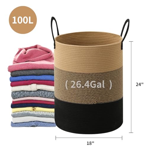 Laundry Basket Hamper Tall Rope Storage Woven for Blanket toys Dirty Clothes in Living Room Bathroom Bedroom (Jute Brown & Black, 100L/26.4Gal) - color: Jute Brown & Black, size: 100L/26.4Gal