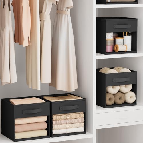 DIMJ Cube Bins, 6 Packs Fabric Storage Cubes with Clear Window, Storage Bins with Handles, Storage Baskets for Organizing Living Room, Bedroom, Office, Black - color: Black, size: 10.6 Inch.- 6 Pack