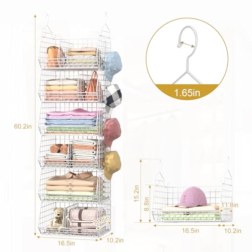 6 Tier Extra Large Hanging Closet Organizer, Closet Storage Hanging with Dividers, Wire Closet Shelf with 5 S Hooks 4 Dividers,Sweater Handbag Hat Accessory Storage Hanger,White - color: White, size: 6-Tier