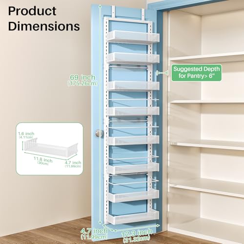 8 Tiers Over the Door Organizer - Height Adjustable Pantry Organizers and Storage with Dense Mesh Baskets, Anti-Swing Hanging Door Spice Rack for Kitchen Bathroom (White, 12.3"W x 4.7"D x 69"H) - color: White, size: 12.3"W x 4.7"D x 69"H