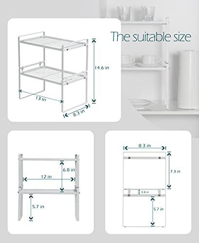 Shantton 2 Pack Kitchen Cabinet Shelf Counter Organizer Rack Pantry Storage Bathroom Bedroom Office Table Desk Space Saving Steel Frame Stackable Rust Resistant Non Slip White - color: White, size: L13" W8.3" H7.3"