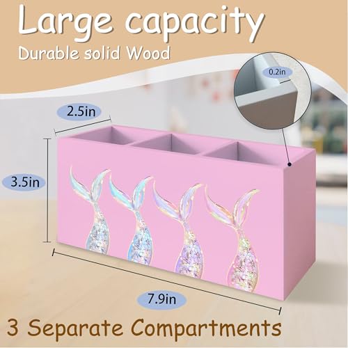 Mermaid Gifts for Girls Women, Pastel Mermaid Beach Pen Pencil Holder Organizer for Desk, Coastal Ocean Wooden Box Block Sign for Home Classroom Dorm Office Tabletop Decor（Pink） - color: Pink Mermaid
