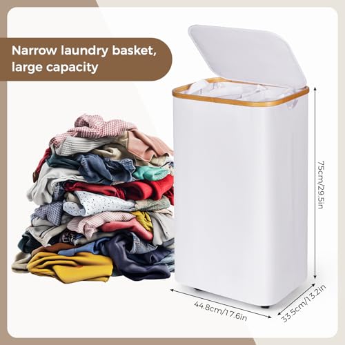 110L Slim Laundry Basket with Lid, Rolling Laundry Hamper with Bamboo Handles, Collapsible Dirty Clothes Basket Organizer with Removable Inner Bag and 3PCS Lingerie Bags for Washing Delicates