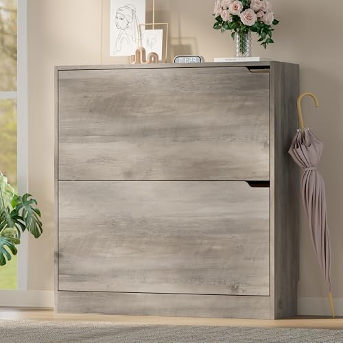 BORNOON Shoe Cabinet with 2 Flip Drawers, Slim Narrow Shoe Storage Cabinet, Freestanding Shoe Organizer with Adjustable & Removable Shelves, Top Display Shelf for Entryway, Hallway, Foyer, Closet - color: Grey, size: 2-Drawer