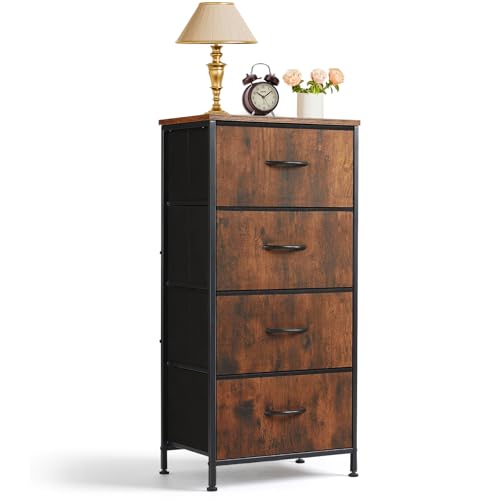 Nightstand, 4 Drawer Dresser End Table Bedside Furniture with Wooden Top Steel Frame Fabric Bins for Bedroom, Closet, Entryway, Dorm, Living Room, Brown - color: Brown, size: 11.8"D x 17.7"W x 37.4"H (4 Drawers)