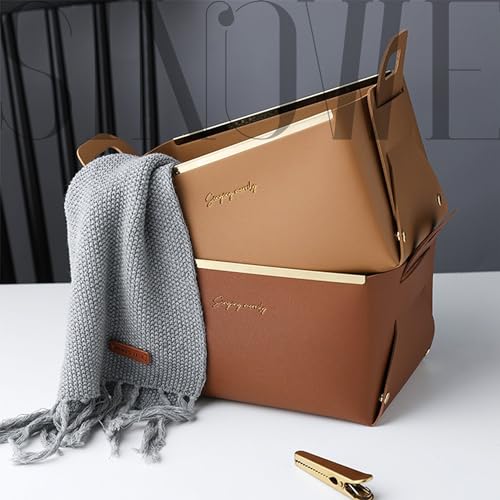 Decorative Faux Leather Basket,Small Catchall Basket for Entryway Bedside Dresser End table,Foldable Rectangle Tray Organizer Box,Set of 2,Caramel - color: Caramel(2-Pack)