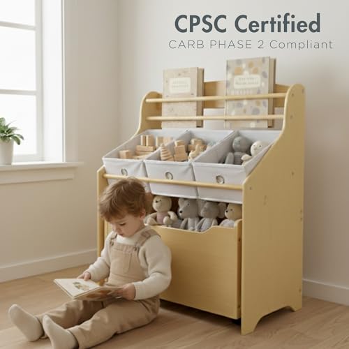 Humble Crew 3-in-1 Kids Bookshelf and Toy Storage Organizer, Natural/White - Toddler Organizers with Rolling Toy Box and 3 Fabric Bins – Sturdy Baby Book Shelf, Perfect for Nursery and Playroom - color: Natural/White