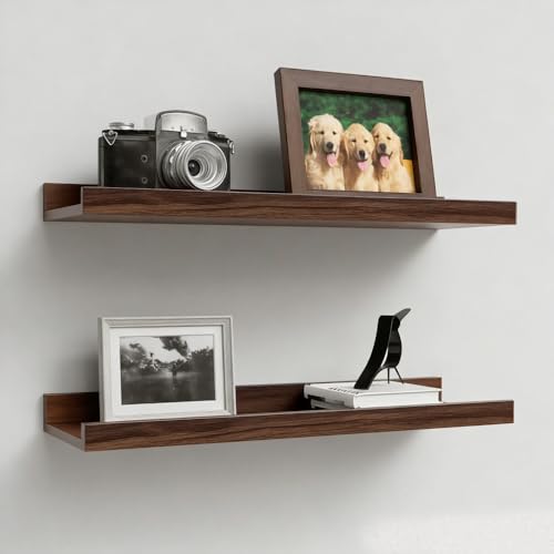 Boswillon Floating Shelves Set of 2, Farmhouse Wall Shelves with Lip, Display Picture Ledge Shelf for Bedroom, Living Room, Bathroom, Kitchen - Walnut - color: Walnut, size: 15.7 In