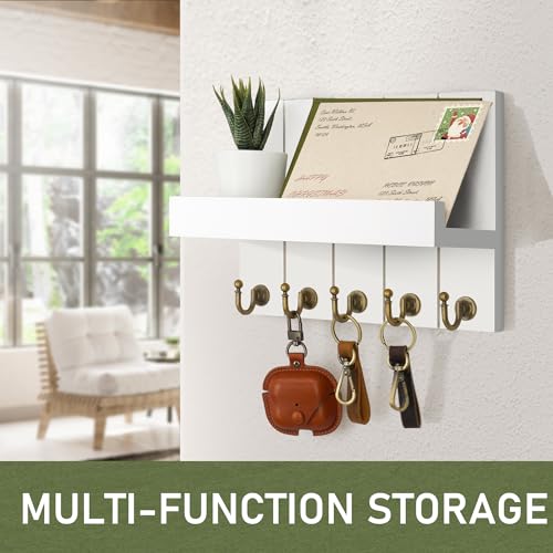 Rebee Vision Key Holder for Wall - Decorative Mail Organizer Wall Mount with 5 Key Hooks for Modern Farmhouse Apartment Essentials - Home Decor for Living Room (Rustic White, 3.54"D x 10"W x 7.28"H) - color: White, size: 10 Inch