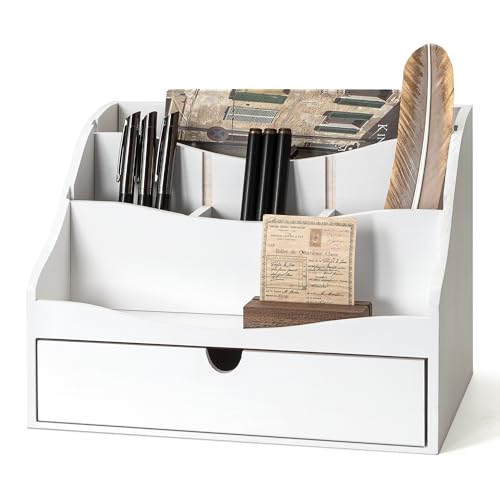 Rebee Vision Pine Wood Mail Organizer for Desk - Charming Farmhouse Countertop Mail Sorter for Office Desk & Home Decor - Mail Holder with Divider, 4-Slot Letter Sorter File Holder (White) - color: B-White