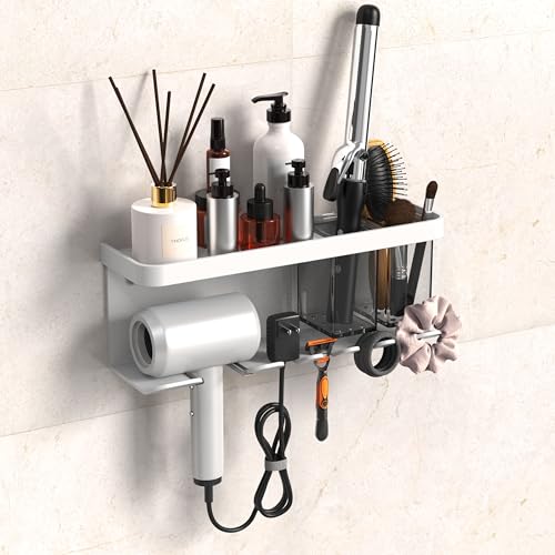 Hair Dryer Holder Wall Mounted Adhesive/Drilling, Hair Dryer Storage Organizer with Shelf & Hooks for Bathroom, Blow Dryer Holder, Hair Tool Organizer (White) - color: White