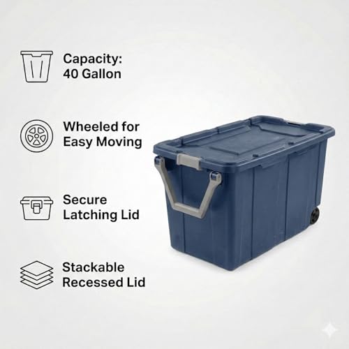 40 Gallon Wheeled Storage Tote with Lid – Heavy Duty Rolling Storage Bin with Ergonomic Handle & Secure Latches – Large Plastic Stackable Container for Garage Basement Workshop (Blue) - size: Blue