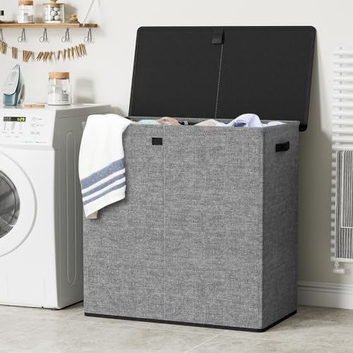 WOWLIVE Laundry Hamper with Lid,180L Large Laundry Basket 3 Section with Removable Washing Bags,Collapsible Waterproof Dirty Clothes Hamper for Laundry Room Bathroom Dorm,Gray - color: Gray, size: 180L (31.5x 12.2 x 27.5 Inches)