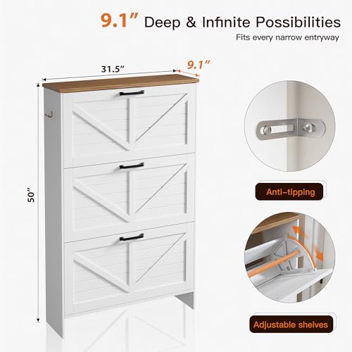 Nicetree Barn Door Shoe Cabinet for Entryway - Modern Farmhouse Shoe Storage Cabinet with 3 Flip Drawers - Slim Hidden Shoe Organizer for 24-32 Pairs - Fits Size 12 Work Boots White - color: Brushed Solid White & Weathered Caramel Oak, style: 3 Flip Drawe
