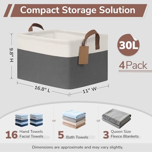 CHICVITA 4 Pack Large Storage Baskets for Shelves, Collapsible Closet Organizer Bins with Handles, Decorative Shelf Baskets for Bedroom Living Room, 16.8" x 11" x 9.8", Gray & White - color: Gray & White, size: 30L (16.8"L x 11"W x 9.8"H)