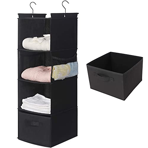 MAX Houser 4-Shelf Hanging Closet Organizer, Space Saver, Cloth Hanging Shelves with 2 Side Pockets, Foldable (Black) - color: Black-1