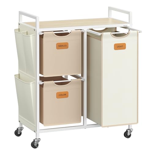 VASAGLE Laundry Hamper with 3 Compartments, 26.4 Gal. (100 L) Laundry Sorter, Rolling Laundry Cart with Shelves, Small Side Pockets, 6 Labels, Natural Beige, Camel Brown and Cream White UBLH202N01 - color: Natural Beige + Camel Brown + Cream White, size: