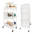 3-Tier Folding Rolling Utility Cart with Wheels, Foldable Storage Cart Organizer with 3 Hanging Cups & 6 Hooks for Kitchen, Office, Living Room, Nursery(White) - color: White
