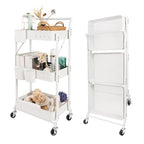 3-Tier Folding Rolling Utility Cart with Wheels, Foldable Storage Cart Organizer with 3 Hanging Cups & 6 Hooks for Kitchen, Office, Living Room, Nursery(White) - color: White