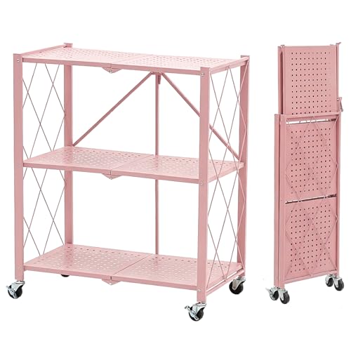 BRIAN & DANY 3-Tier Foldable Storage Shelves with Wheels, No Assembly Folding Shelf Metal Rack, Shelving Unit for Kitchen, Garage, Pink - color: Pink, size: 3-tier