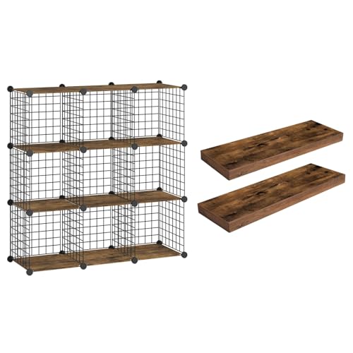 HOOBRO Floating Shelves for Wall and Wire Cube Storage Organizer, Wall Mounte, Wall Mounted Shelf Set of 2, 9-Cube Shelves, Modular Shelves with Metal Grid, DIY Closet Cabinet BF60BJ01-BF09CW01