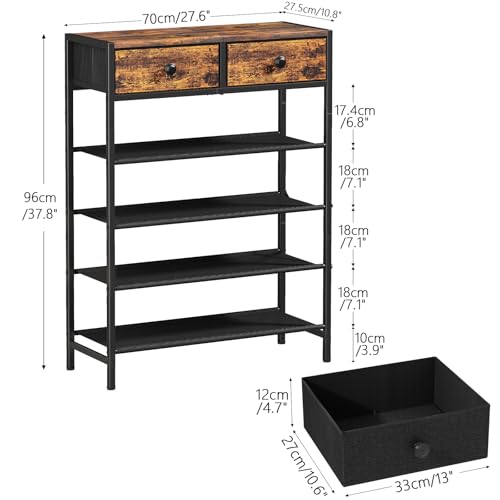 Shoe Rack, 5 Tier Shoe Organizer with 2 Drawers, Metal Shoe Storage for 16-20 Pairs of Shoes with Fabric Shelves and Wooden Top, Narrow Shoe Shelf for Closet Entryway Rustic Brown - color: Rustic Brown, size: 5 Tier(27.6 × 10.8 × 37.8)