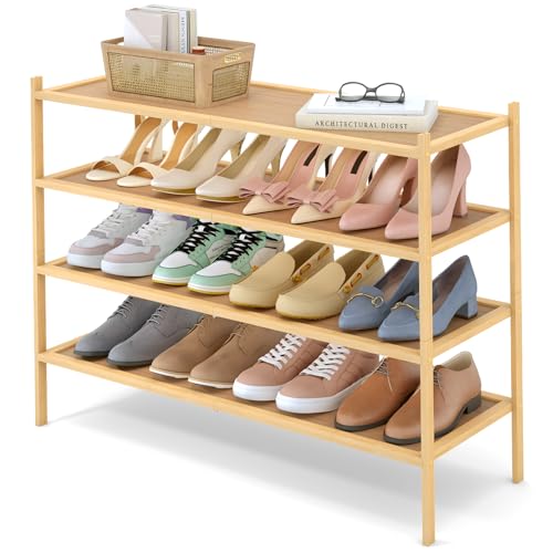 Smiry Bamboo Long Shoe Rack, 4 Tier Shoe Organizer for Entryway & Closet, Stackable Free Standing Storage Shelf for Shoes, Bags & Plants, Natural - color: Natural, size: 4 Tier - Long
