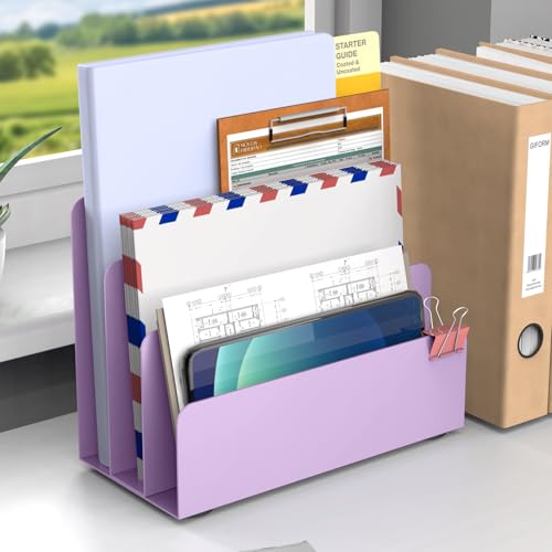 Mail Organizer Countertop, Small Desk File Organizer, Metal File Holder - Essential Workspace Organizers for Office Desk, Home Office (Purple) - color: Purple