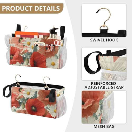 Bedside Caddy Metal Frame Hanging Organizer Bunk Bed Dorm Accessories Hook And Loop Storage Bag Large Pockets Beige Poppy Chamomile - color: Beige Poppy Chamomile