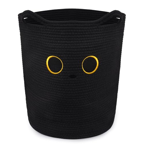 Tall Black Cat Laundry Basket for Nursery, Cute Large Woven Cotton Rope Blanket Storage Basket, Baby 0rganize Blanket Shower Hamper Box with Handles, 53L Clothes Bins, 15"D×18.1"H - color: Black, size: 15 × 18 inches